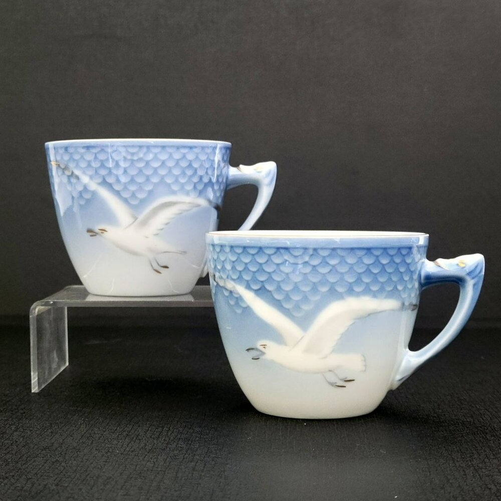 Vintage Bing & Grondahl Seagull Flat Cup Set Coastal Blue White Ombre Gold Trim